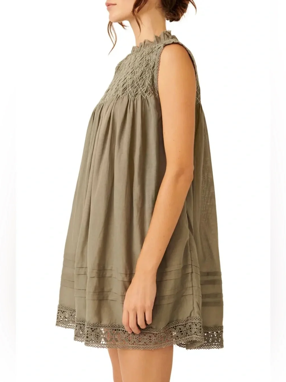 Free People Shea Smocked Yoke Shift Mini Dress Dried Basil Green Olive XS